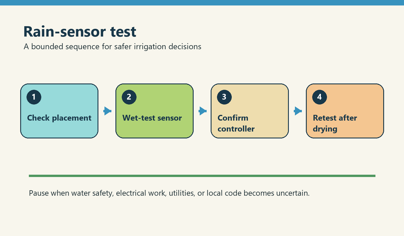 Four-step flow diagram: rain-sensor test