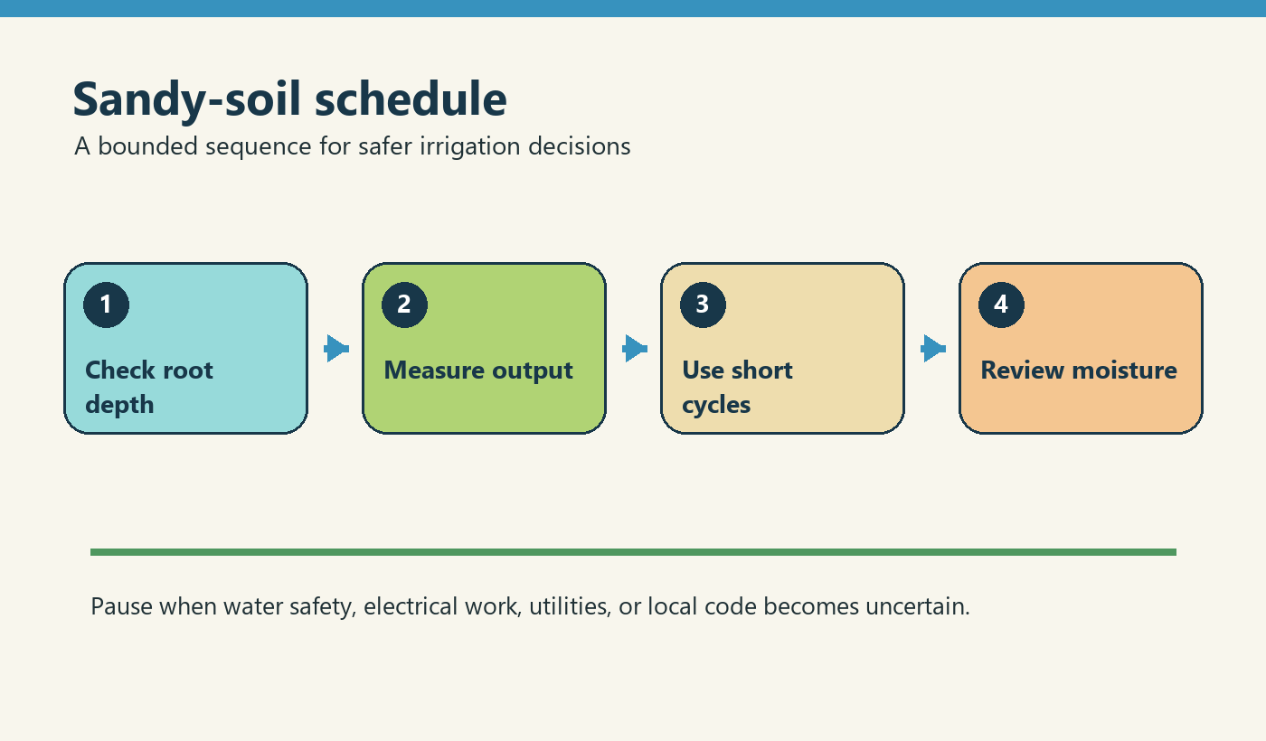 Four-step flow diagram: sandy-soil schedule